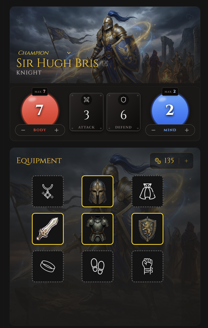 HQ Companion — illustrated champion sheet for Sir Hugh Bris with Body/Attack/Defend/Mind stat orbs, gold counter and drag-and-drop equipment grid