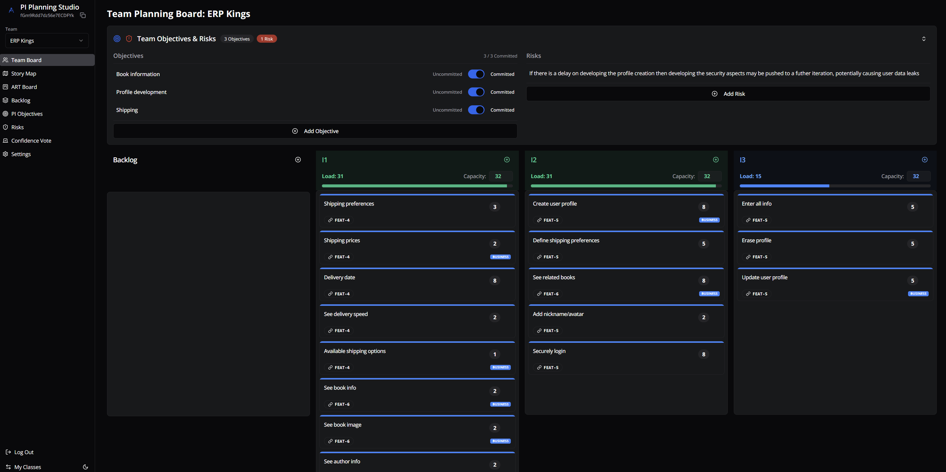 PI Planning Studio — team planning board with committed objectives, risks, and iteration columns showing load vs capacity